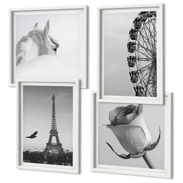 Wall art set featuring a rose, Eiffel Tower, horse, and Ferris wheel in black and white