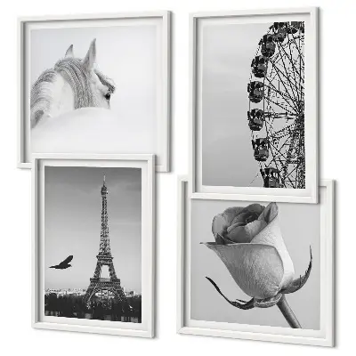 Wall art set featuring a rose, Eiffel Tower, horse, and Ferris wheel in black and white