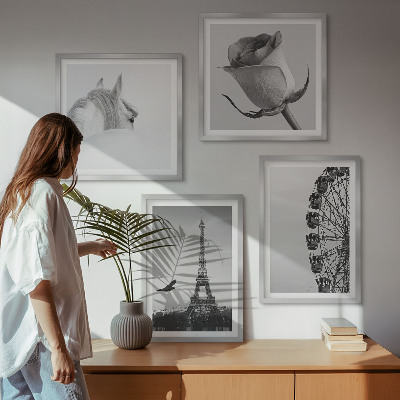 Wall art set Rose Eiffel Tower Horse Ferris Wheel B&W