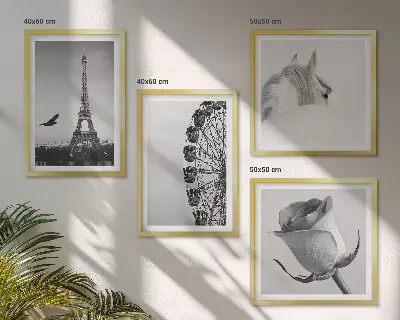 Wall art set featuring a rose, Eiffel Tower, horse, and Ferris wheel in black and white