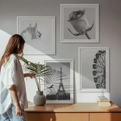 Wall art set featuring a rose, Eiffel Tower, horse, and Ferris wheel in black and white