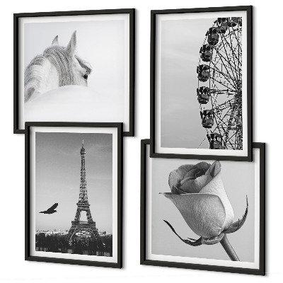 Wall art set Rose Eiffel Tower Horse Ferris Wheel B&W