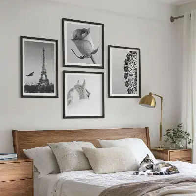 Wall art set featuring a rose, Eiffel Tower, horse, and Ferris wheel in black and white