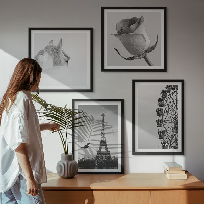 Wall art set Rose Eiffel Tower Horse Ferris Wheel B&W