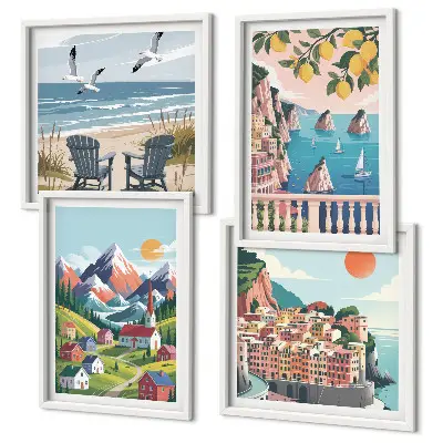 Colorful mountains and coastal cities wall art set of 4 pieces
