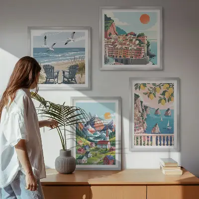 Colorful mountains and coastal cities wall art set of 4 pieces