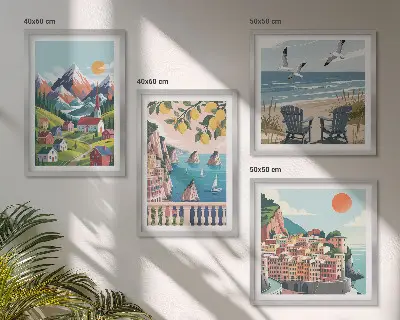 Colorful mountains and coastal cities wall art set of 4 pieces