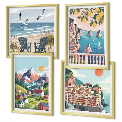 Colorful mountains and coastal cities wall art set of 4 pieces