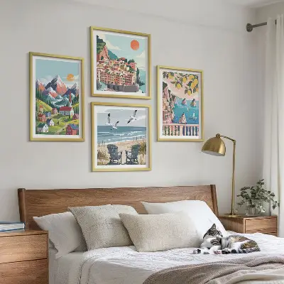 Colorful mountains and coastal cities wall art set of 4 pieces