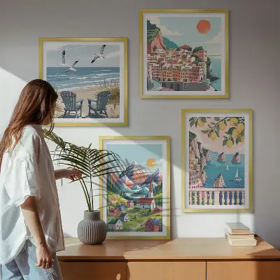 Colorful mountains and coastal cities wall art set of 4 pieces