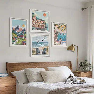 Colorful mountains and coastal cities wall art set of 4 pieces