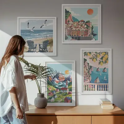 Colorful mountains and coastal cities wall art set of 4 pieces