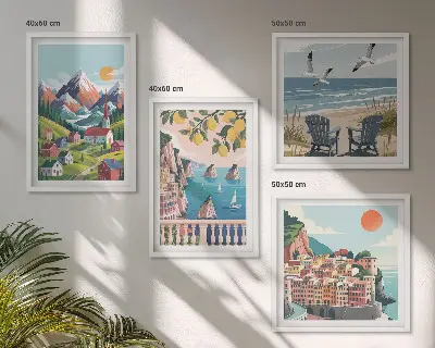 Colorful mountains and coastal cities wall art set of 4 pieces