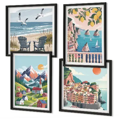 Colorful mountains and coastal cities wall art set of 4 pieces