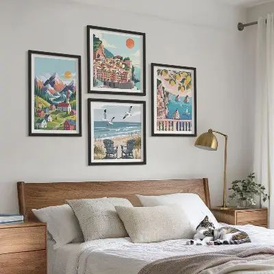 Colorful mountains and coastal cities wall art set of 4 pieces