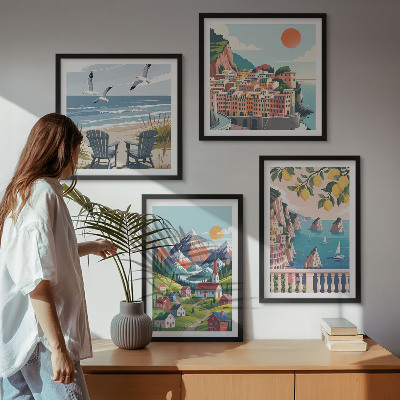 Set of 4 wall art pieces Colorful mountains and coastal cities