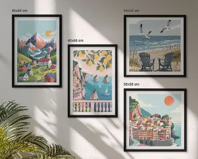 Colorful mountains and coastal cities wall art set of 4 pieces