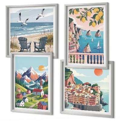 Set of 4 wall art pieces Colorful mountains and coastal cities