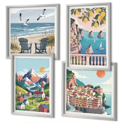 Colorful mountains and coastal cities wall art set of 4 pieces