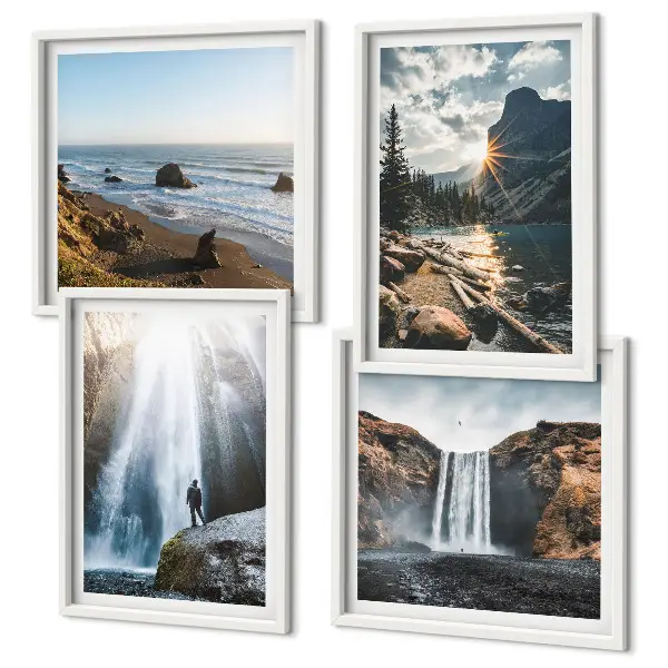 Multi-piece wall decor set featuring waterfalls, mountains, and nature landscapes