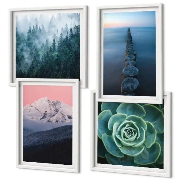 Wall art set mountains with a pink sky over succulent plants and water