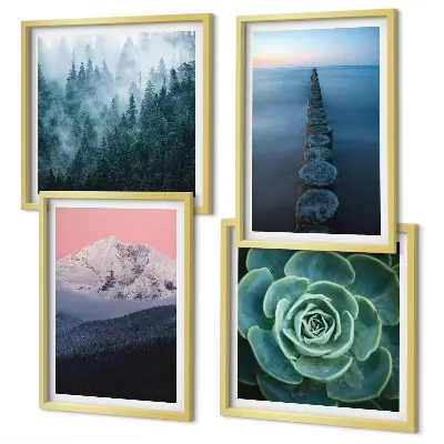 Wall art set mountains with a pink sky over succulent plants and water