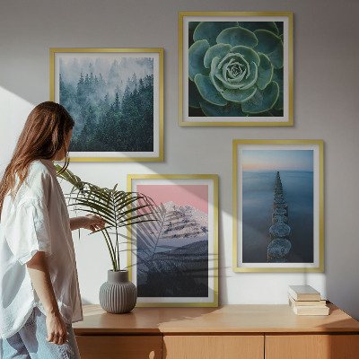 Wall art set Mountains pink sky water succulent