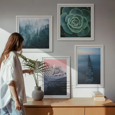Wall art set mountains with a pink sky over succulent plants and water
