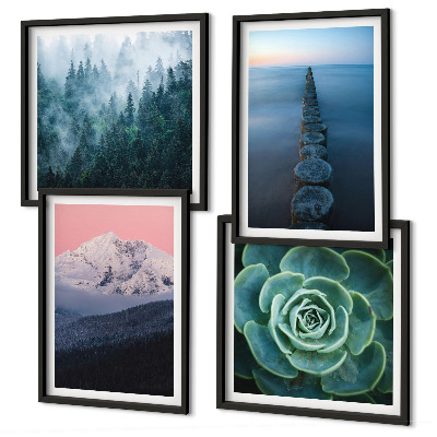 Wall art set Mountains pink sky water succulent