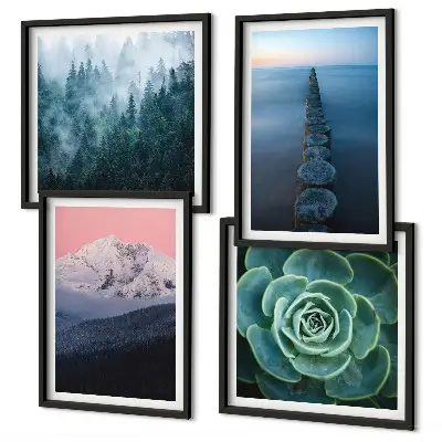 Wall art set mountains with a pink sky over succulent plants and water
