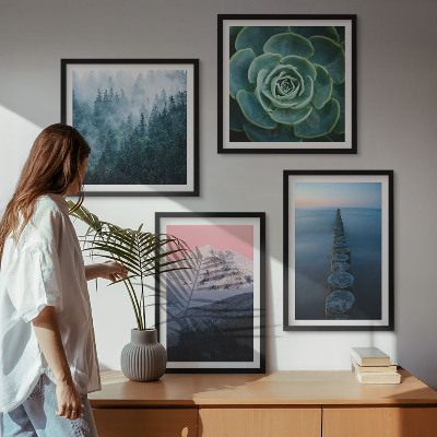 Wall art set Mountains pink sky water succulent
