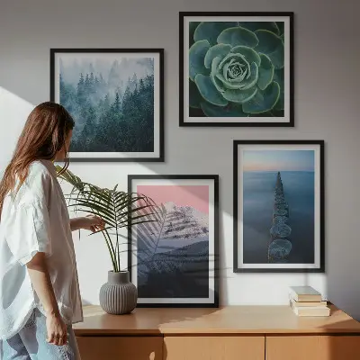 Wall art set mountains with a pink sky over succulent plants and water