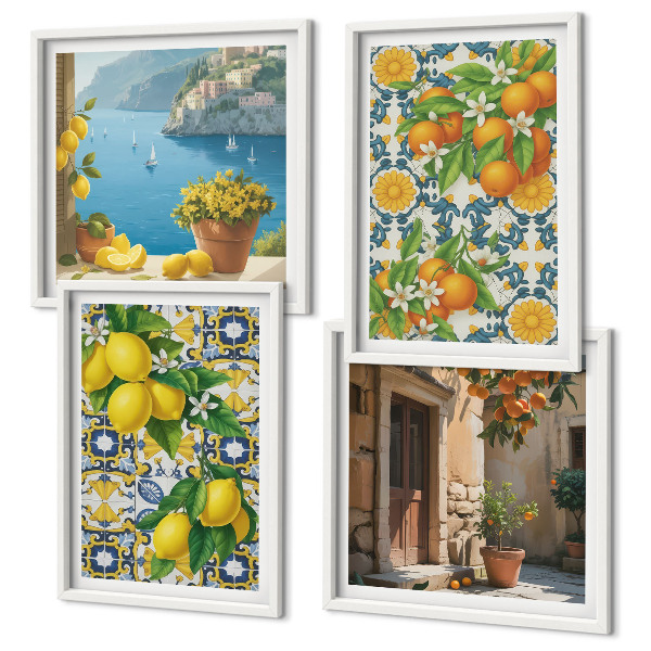 Set of 4 wall art pieces Lemons, flowers, oranges, Italy