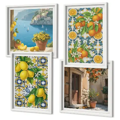 Set of 4 wall art pieces featuring lemons, flowers, and oranges in Italy