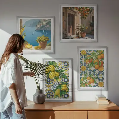 Set of 4 wall art pieces featuring lemons, flowers, and oranges in Italy