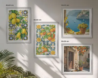 Set of 4 wall art pieces featuring lemons, flowers, and oranges in Italy