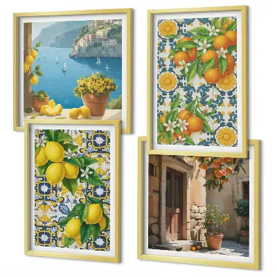 Set of 4 wall art pieces featuring lemons, flowers, and oranges in Italy