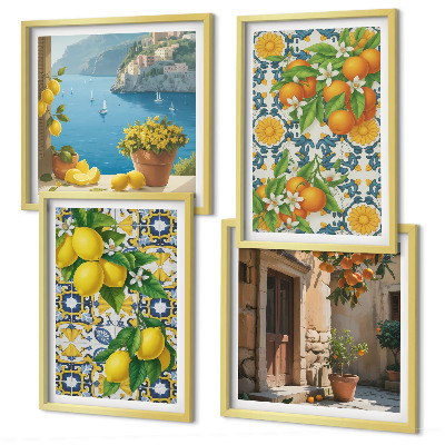 Set of 4 wall art pieces Lemons, flowers, oranges, Italy