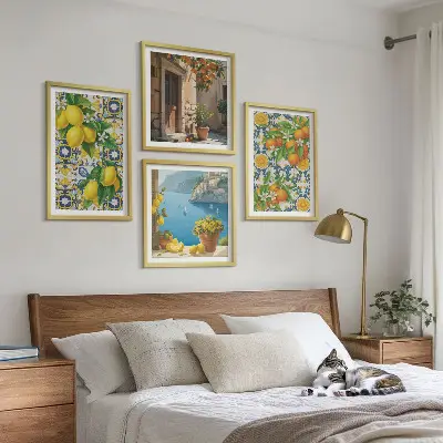 Set of 4 wall art pieces featuring lemons, flowers, and oranges in Italy