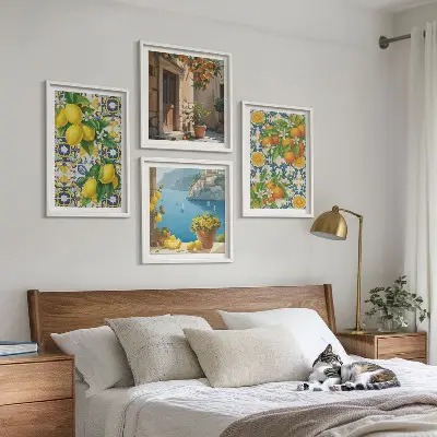 Set of 4 wall art pieces featuring lemons, flowers, and oranges in Italy