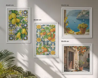 Set of 4 wall art pieces featuring lemons, flowers, and oranges in Italy