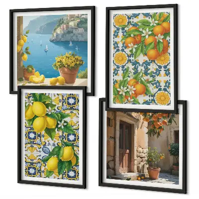 Set of 4 wall art pieces featuring lemons, flowers, and oranges in Italy