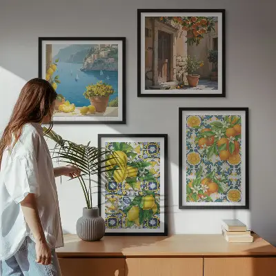 Set of 4 wall art pieces featuring lemons, flowers, and oranges in Italy