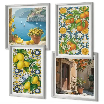 Set of 4 wall art pieces featuring lemons, flowers, and oranges in Italy