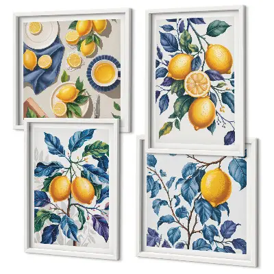 Lemon branches wall art set set of 4 pieces with blue leaves