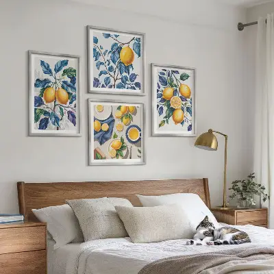 Lemon branches wall art set set of 4 pieces with blue leaves