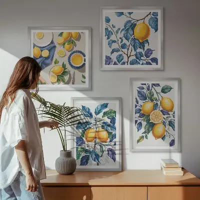 Lemon branches wall art set set of 4 pieces with blue leaves