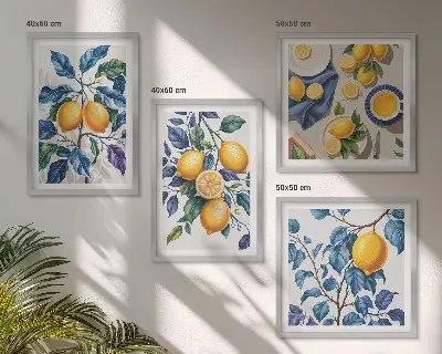 Lemon branches wall art set set of 4 pieces with blue leaves