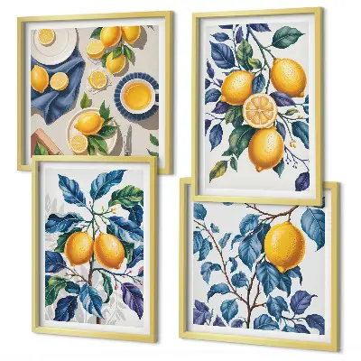Lemon branches wall art set set of 4 pieces with blue leaves