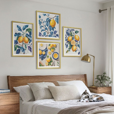 Set of 4 wall art pieces Lemon branches blue leaves
